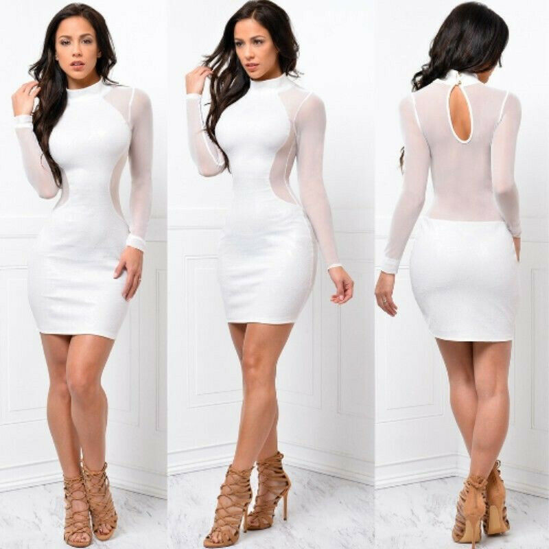 Women Sexy  Dress See Through Mesh Bandage Bodycon Long Sleeve Evening Party Clubwear Sexy club style Mini Dress