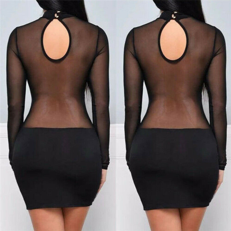 Women Sexy  Dress See Through Mesh Bandage Bodycon Long Sleeve Evening Party Clubwear Sexy club style Mini Dress