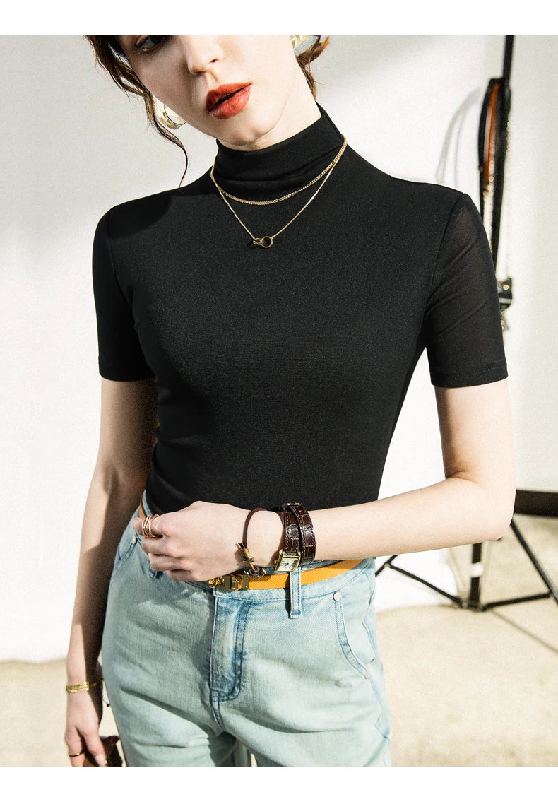 S-3XL Women Half Turtleneck Base Simple TShirts Slim Soft Short Sleeve T Shirts Lady Mesh Elegant Stretchy Tops Tees Female