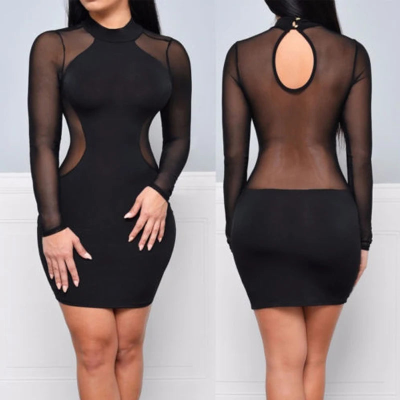 Women Sexy  Dress See Through Mesh Bandage Bodycon Long Sleeve Evening Party Clubwear Sexy club style Mini Dress