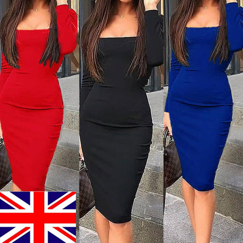 Elegant Womens Cold Shoulder Sexy Chic Red Cocktail Party Slim Fit Dresses Square Collar Long Sleeve Design Bodycon Midi Dress