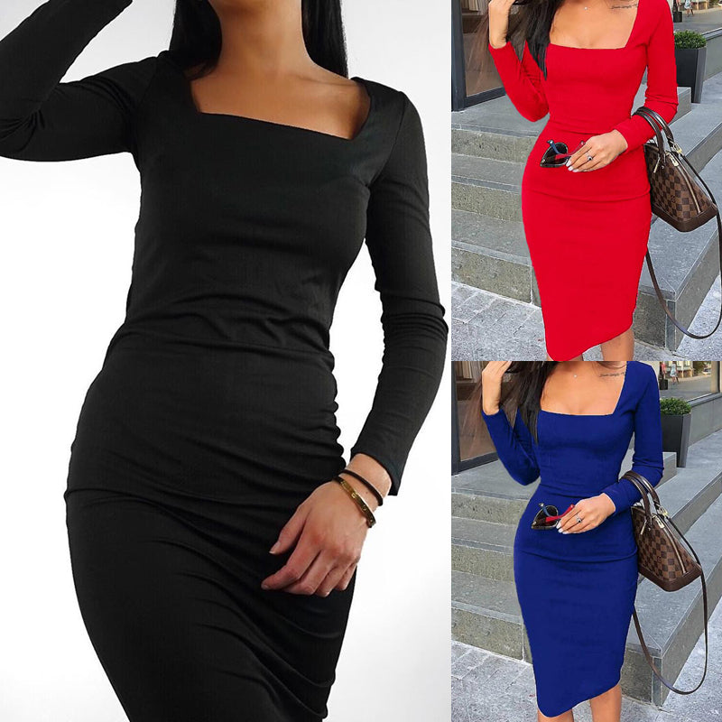 Elegant Womens Cold Shoulder Sexy Chic Red Cocktail Party Slim Fit Dresses Square Collar Long Sleeve Design Bodycon Midi Dress