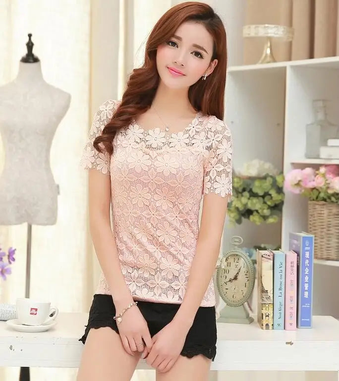 Summer Women Sexy Floral Lace Slim Blouses Shirts Ladies Elegant Casual Short Sleeve Tee Tops Blusas Plus Size blouse S-5XL