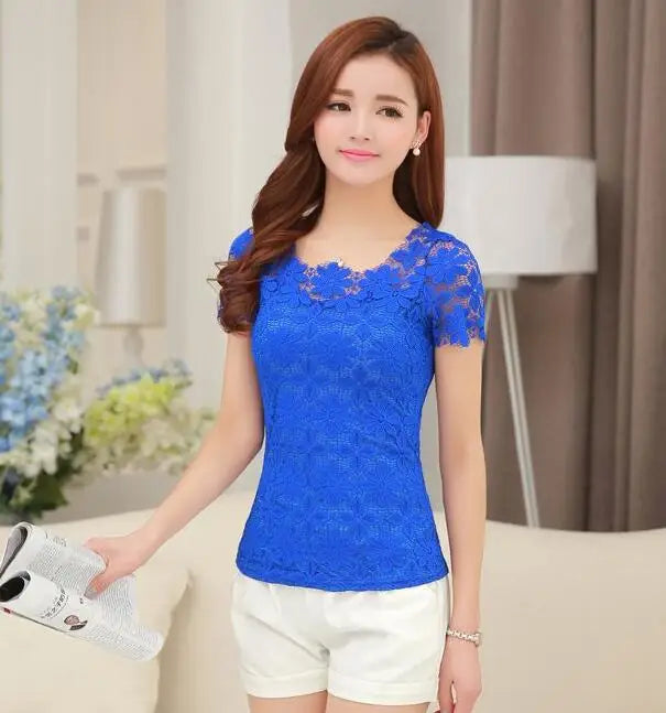 Summer Women Sexy Floral Lace Slim Blouses Shirts Ladies Elegant Casual Short Sleeve Tee Tops Blusas Plus Size blouse S-5XL