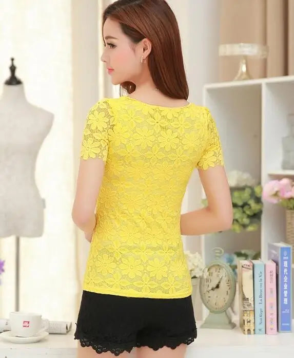 Summer Women Sexy Floral Lace Slim Blouses Shirts Ladies Elegant Casual Short Sleeve Tee Tops Blusas Plus Size blouse S-5XL