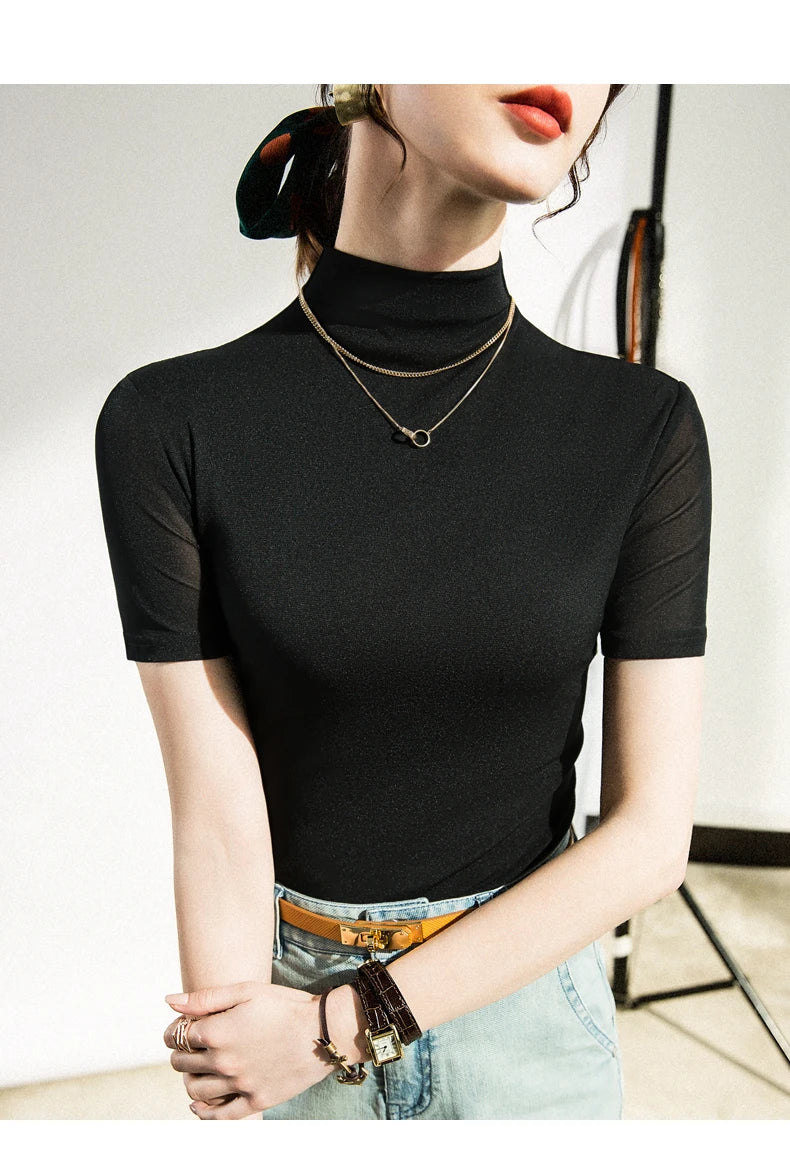 S-3XL Women Half Turtleneck Base Simple TShirts Slim Soft Short Sleeve T Shirts Lady Mesh Elegant Stretchy Tops Tees Female