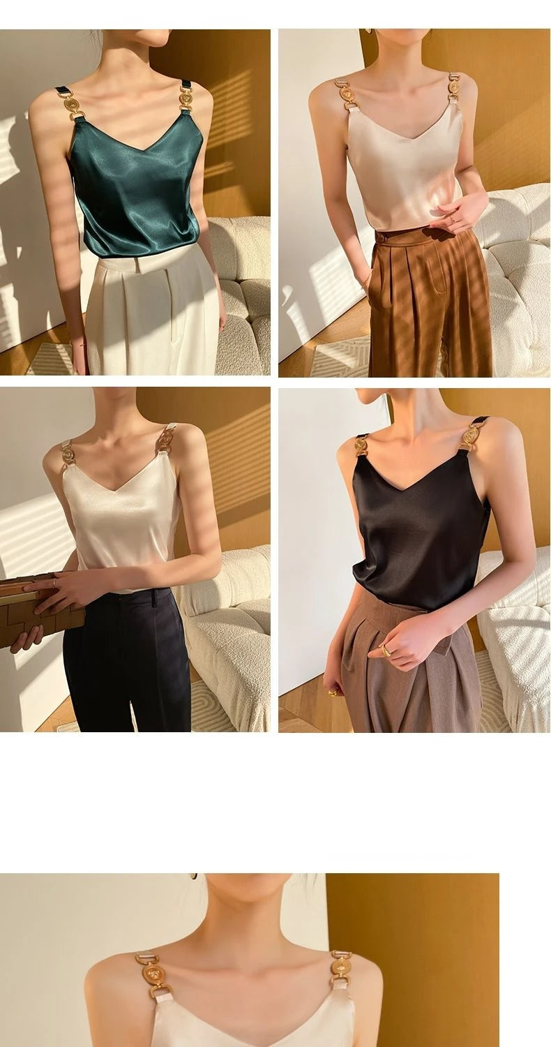 Cami Top V-neck Solid Fashion Sleeveless Top Women Temperament Elegant Office Lady Backless Top Silk Spaghetti Camis Summer 2024