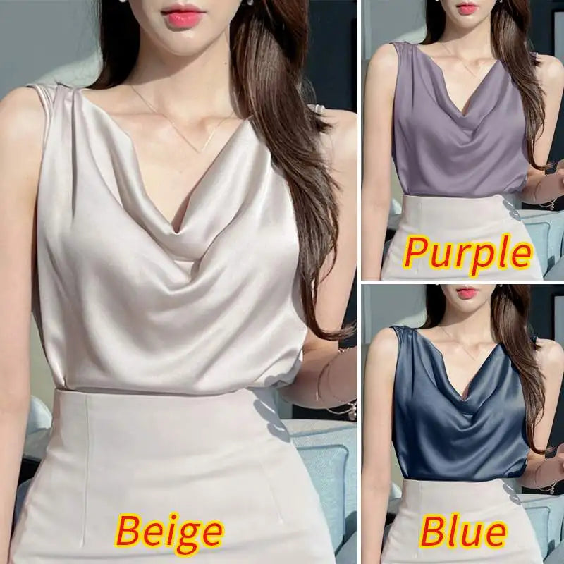 ZANZEA Elegant Korean Style Tanks Women Satin Silk Solid Color Sleeveless Tank Tops Fashion Sexy Office Lady Cowl Neck Camisole