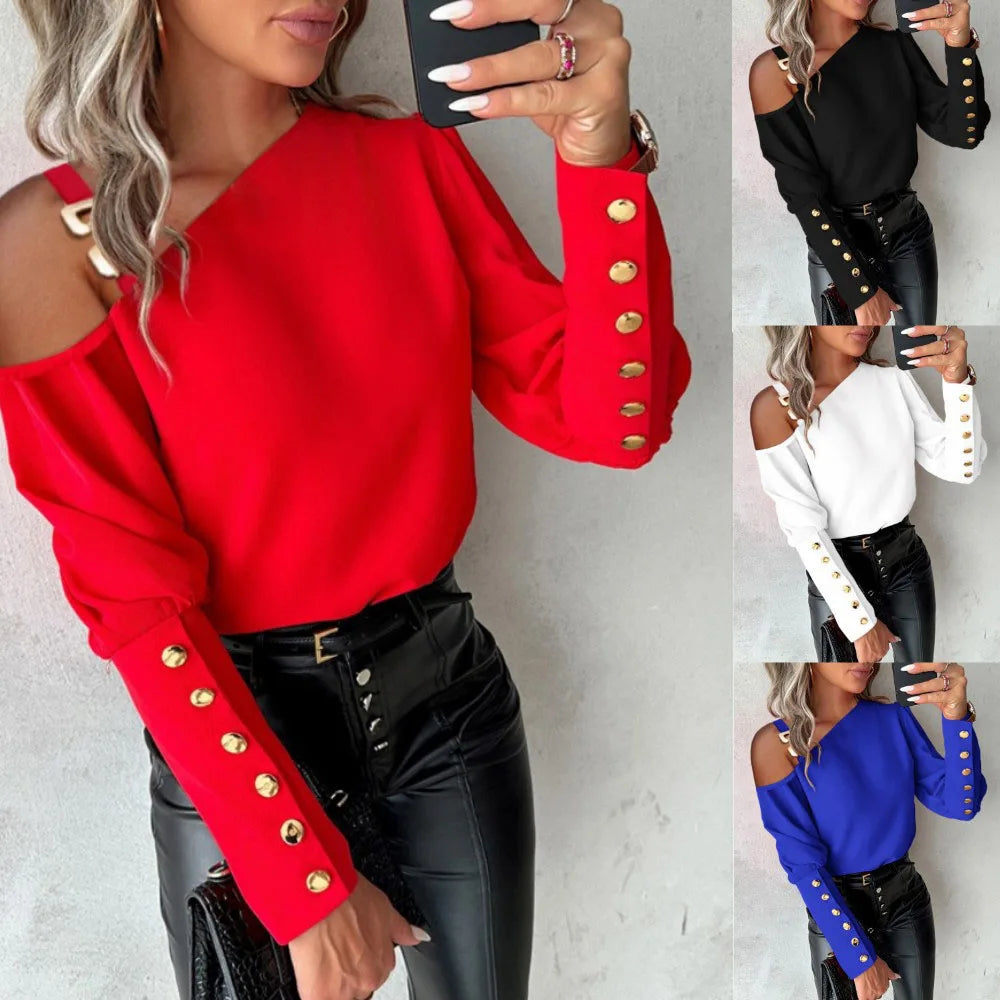 Fashion Summer Off Shoulder Blouse Women 2024 Long Sleeve Elegant Shirts Famale Casual Ladies Red Loose Tops Blouses