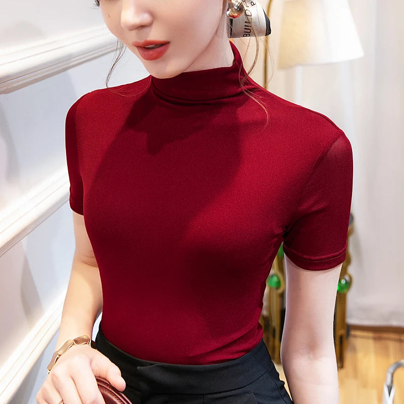 S-3XL Women Half Turtleneck Base Simple TShirts Slim Soft Short Sleeve T Shirts Lady Mesh Elegant Stretchy Tops Tees Female