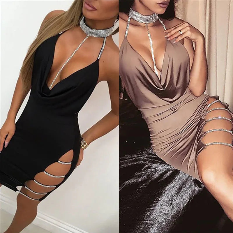 Sexy Deep V Neck Low-cut Side Split Silver Collar Bodycon Dress Women Elegant Backless Sleeveless Mini Dress Club Party Vestidos