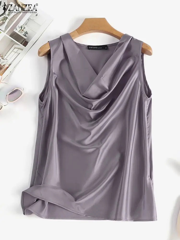 ZANZEA Elegant Korean Style Tanks Women Satin Silk Solid Color Sleeveless Tank Tops Fashion Sexy Office Lady Cowl Neck Camisole