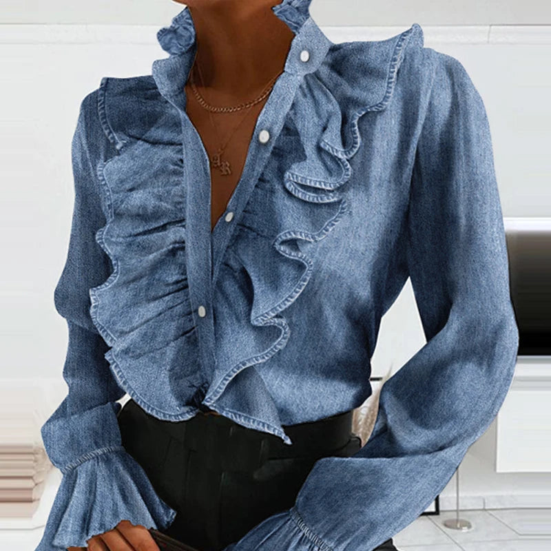 Denim Ruffled Long Sleeve Button Shirt Blouse Summer Sexy V Neck Pleated Chiffon Blouses Spring Elegant Office Lady Tops Blusa