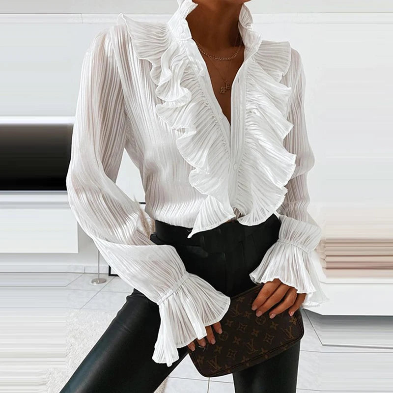 Denim Ruffled Long Sleeve Button Shirt Blouse Summer Sexy V Neck Pleated Chiffon Blouses Spring Elegant Office Lady Tops Blusa