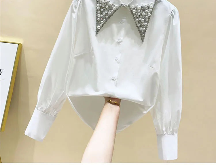 High Quality Pearls Diamonds Collar White Shirt Women Tops Mujer 2022 Spring New Arrival OL Elegant Blouse Tops Camisas Mujer