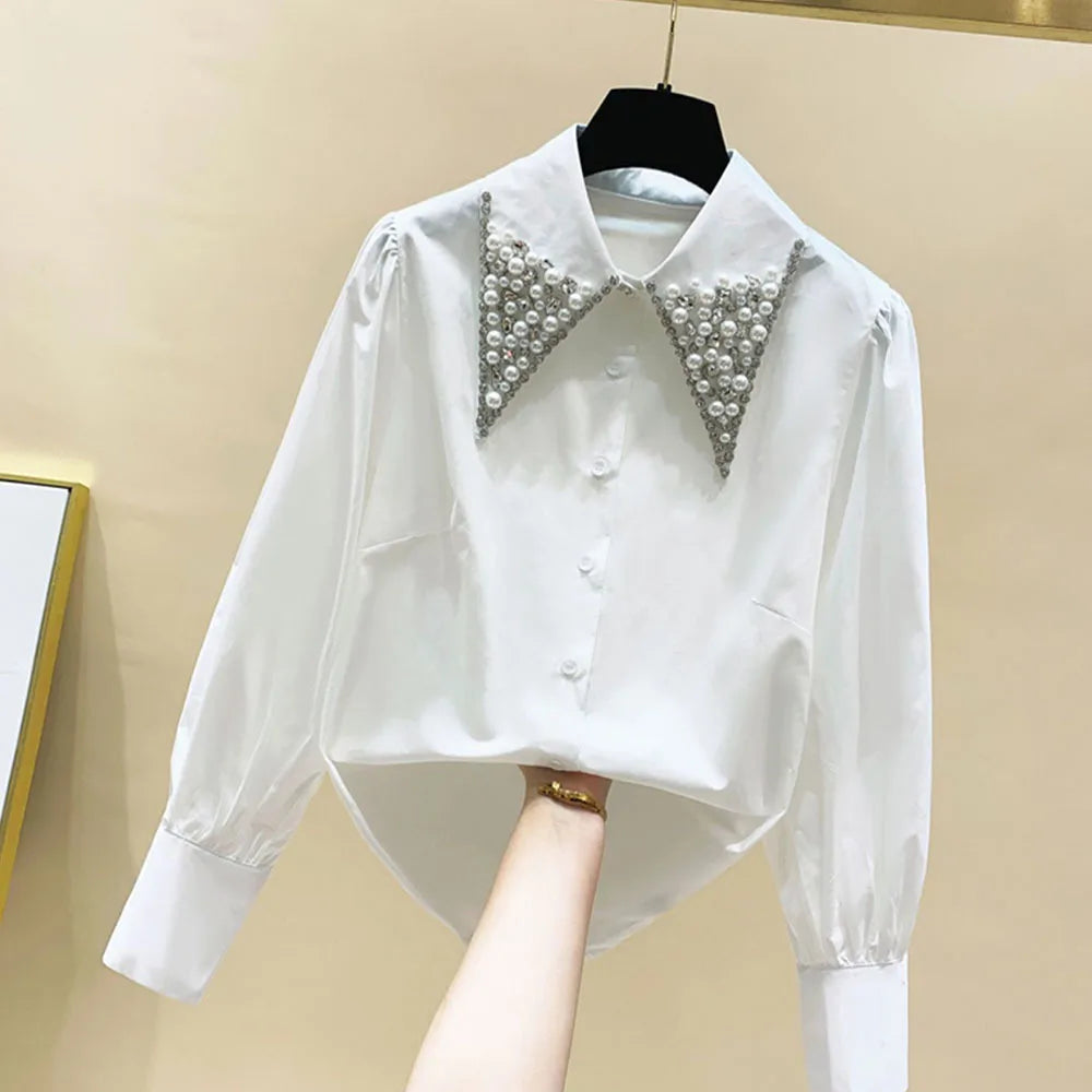 High Quality Pearls Diamonds Collar White Shirt Women Tops Mujer 2022 Spring New Arrival OL Elegant Blouse Tops Camisas Mujer