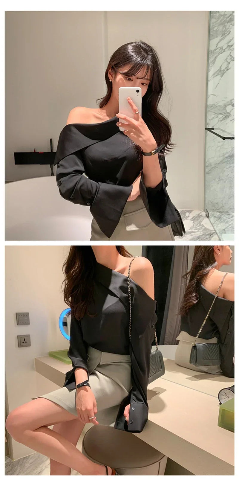 Elegant Women Sexy Korean One Black Top Spring Summer Leisure Versatile Women's Off The Shoulder Long Sleeved White Blouses