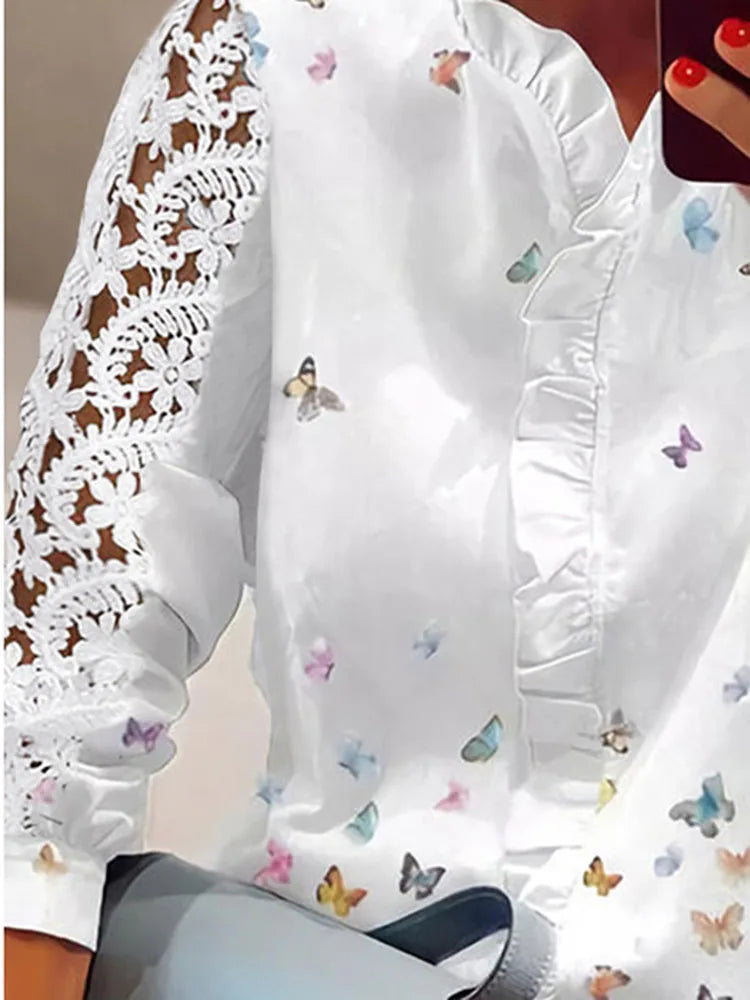 Women's Shirts Fashion Elegant Long Sleeve Butterfly Print Office Lady Top White Women Ruffled Hollow Out Blouse Female Clothing