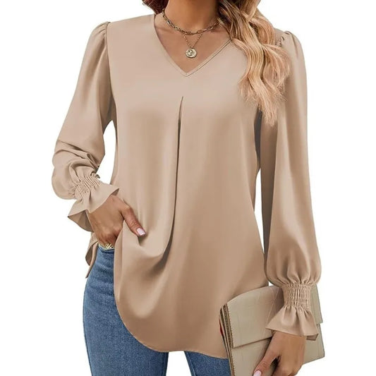 Women's New Solid Color Chiffon Shirt V-neck Pullover Flared Long Sleeved Top Shirt Office Lady Elegant Khaki Loose Blouses