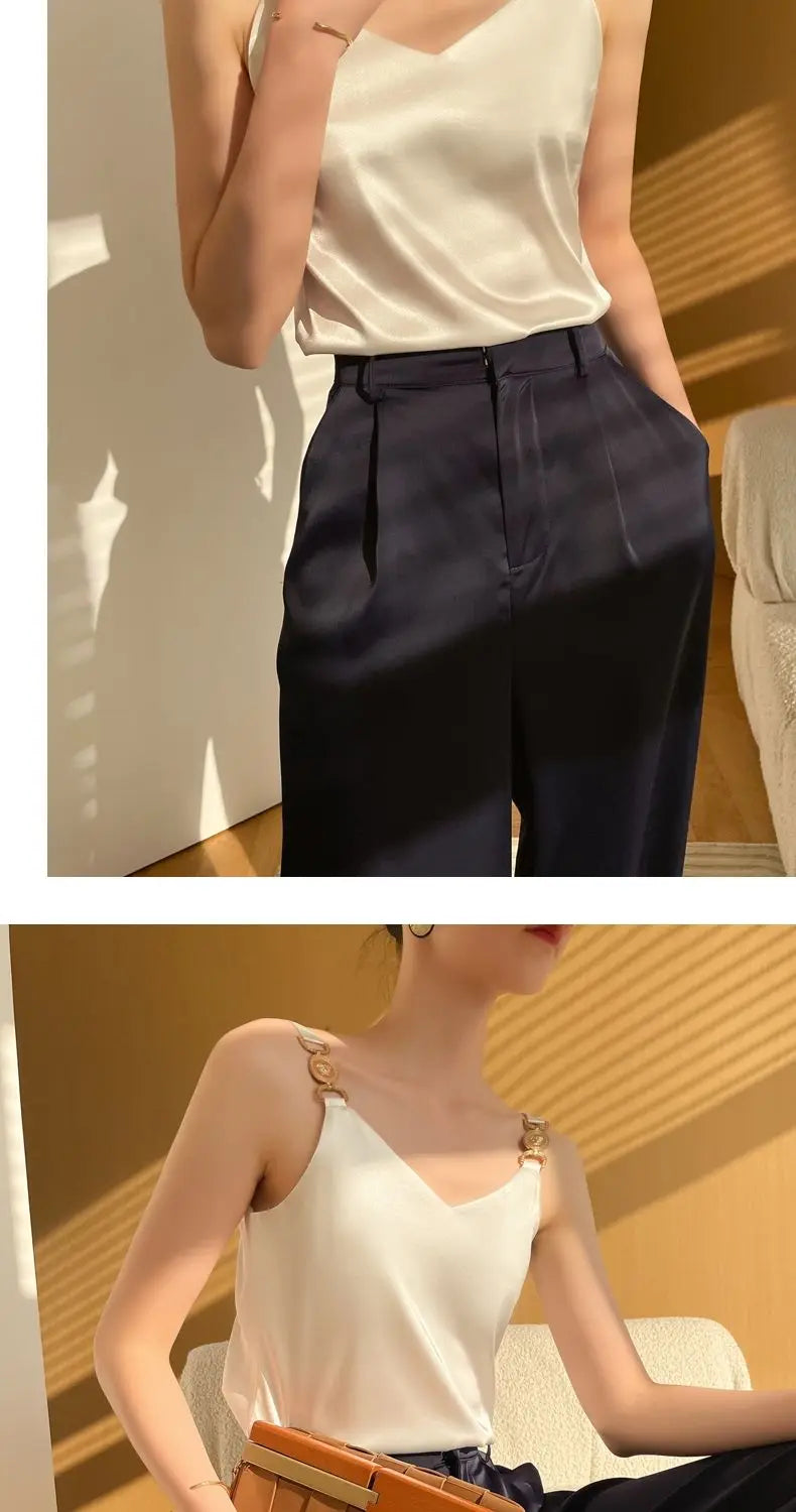 Cami Top V-neck Solid Fashion Sleeveless Top Women Temperament Elegant Office Lady Backless Top Silk Spaghetti Camis Summer 2024