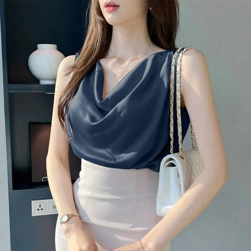 ZANZEA Elegant Korean Style Tanks Women Satin Silk Solid Color Sleeveless Tank Tops Fashion Sexy Office Lady Cowl Neck Camisole