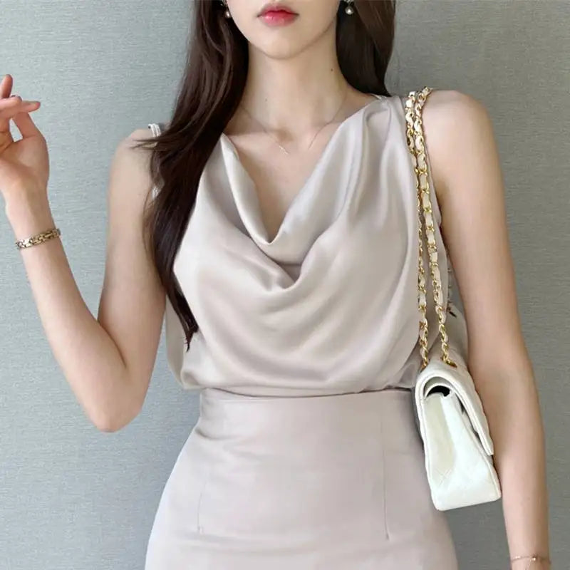 ZANZEA Elegant Korean Style Tanks Women Satin Silk Solid Color Sleeveless Tank Tops Fashion Sexy Office Lady Cowl Neck Camisole