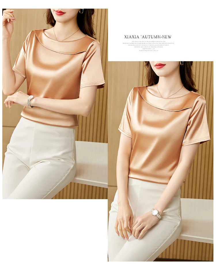 Satin Women Blouse T-shirt Skew Collar Blouses Summer Short Sleeve Womens Tops Solid Elegant Women Clothing OL Shirts for Women