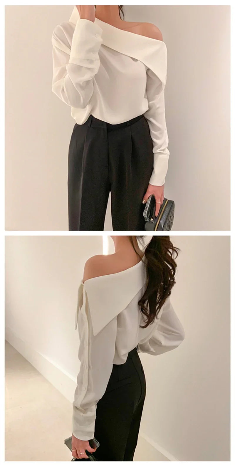 Elegant Women Sexy Korean One Black Top Spring Summer Leisure Versatile Women's Off The Shoulder Long Sleeved White Blouses