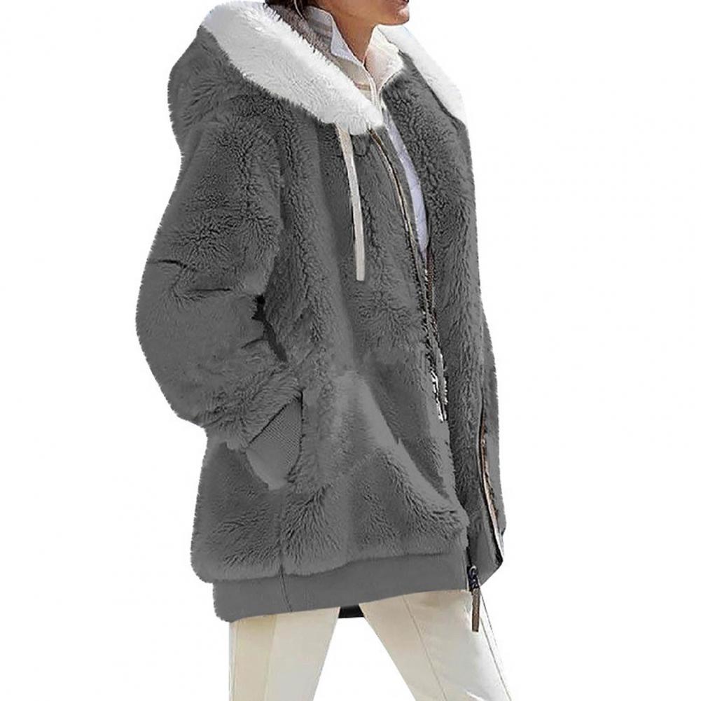 2023 New Women's Winter Coat Solid Color Warm Plush Large Size Ladies Coat Fall Winter Loose Plush Zipper Hooded Women's Coat