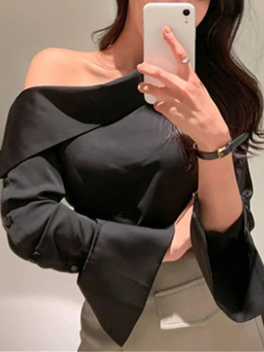 Elegant Women Sexy Korean One Black Top Spring Summer Leisure Versatile Women's Off The Shoulder Long Sleeved White Blouses