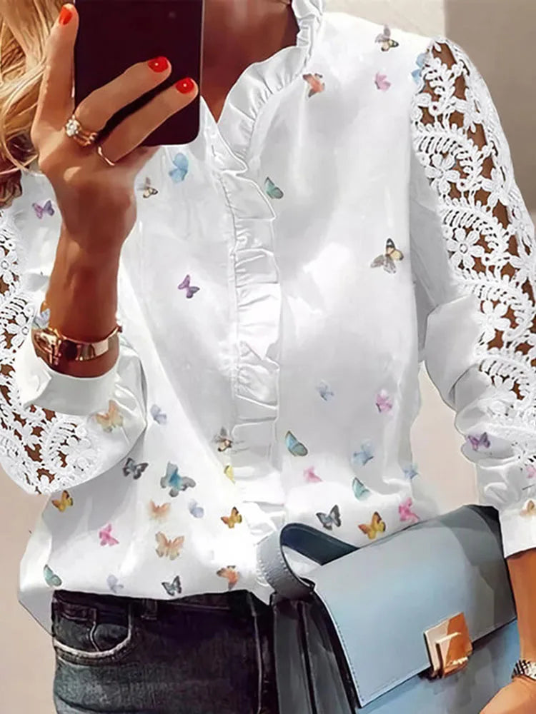 Women's Shirts Fashion Elegant Long Sleeve Butterfly Print Office Lady Top White Women Ruffled Hollow Out Blouse Female Clothing