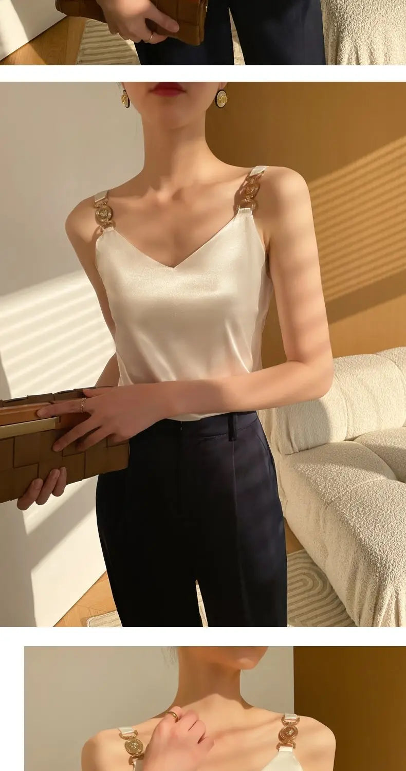 Cami Top V-neck Solid Fashion Sleeveless Top Women Temperament Elegant Office Lady Backless Top Silk Spaghetti Camis Summer 2024