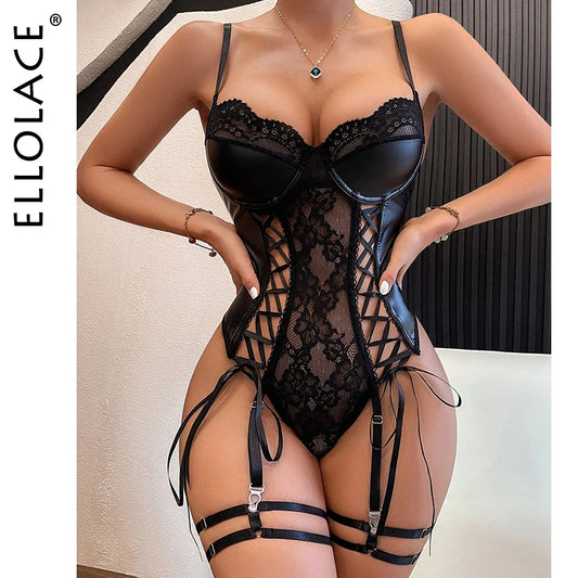 Ellolace Leather Bodysuit Lace Patchwork See Through One Pieces Elegant Black Body Lace Up Hollow Sexy Tops Sissy Lady Clothes