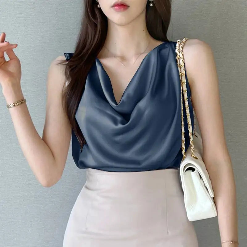 ZANZEA Elegant Korean Style Tanks Women Satin Silk Solid Color Sleeveless Tank Tops Fashion Sexy Office Lady Cowl Neck Camisole