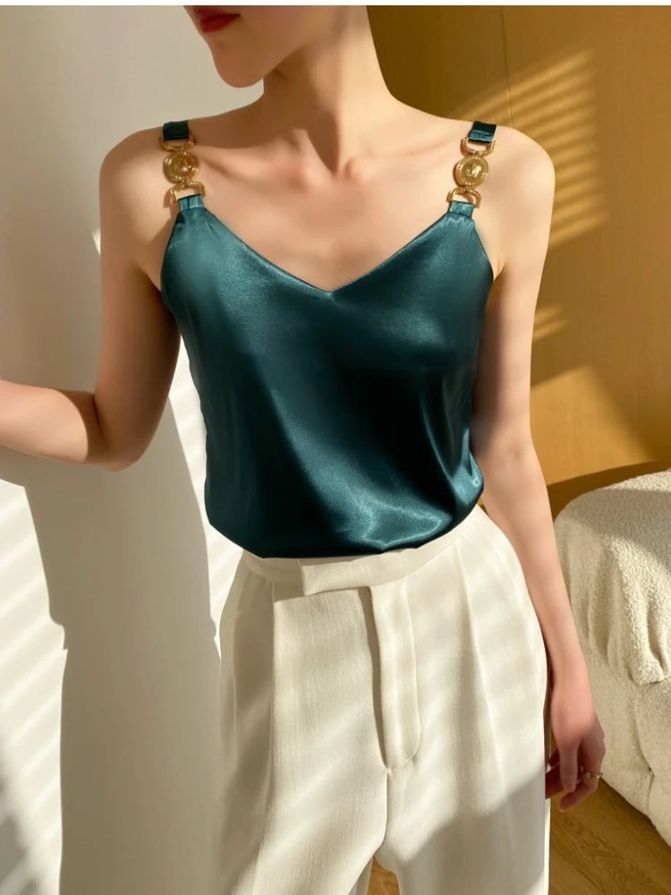 Cami Top V-neck Solid Fashion Sleeveless Top Women Temperament Elegant Office Lady Backless Top Silk Spaghetti Camis Summer 2024