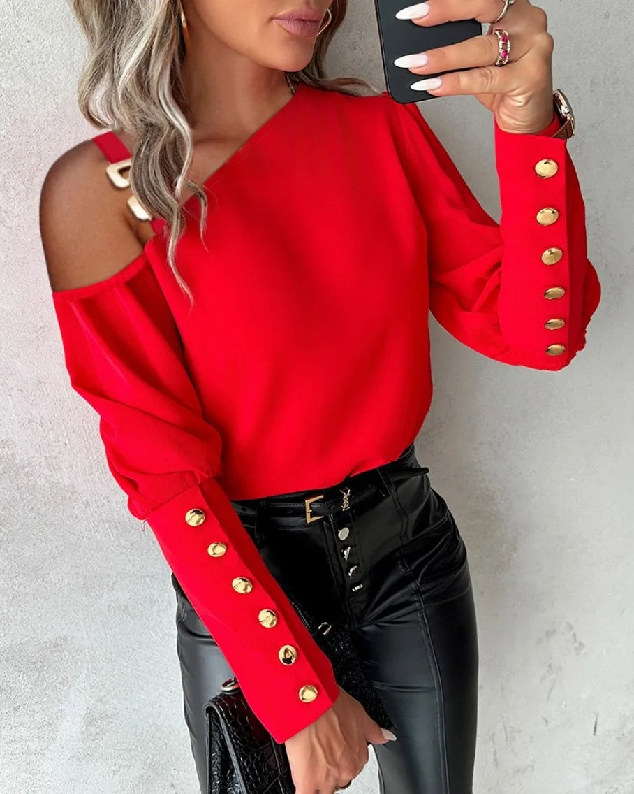 Fashion Summer Off Shoulder Blouse Women 2024 Long Sleeve Elegant Shirts Famale Casual Ladies Red Loose Tops Blouses