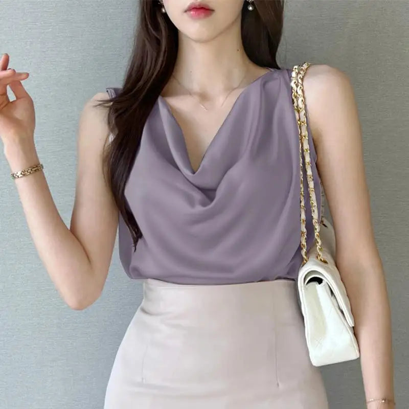 ZANZEA Elegant Korean Style Tanks Women Satin Silk Solid Color Sleeveless Tank Tops Fashion Sexy Office Lady Cowl Neck Camisole