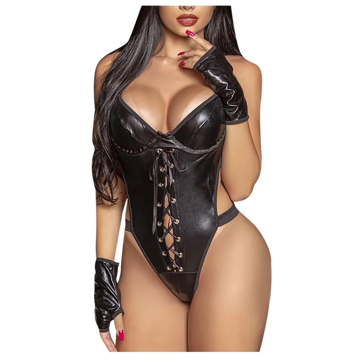 Women Sexy Lingerie One-Piece Set Jumpsuit Leather Deep V Neck Underwear Gloves Patchwork Bodydoll Bandage Backless Costumes