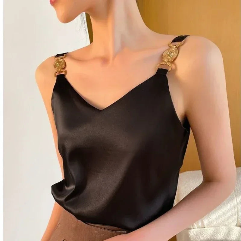 Cami Top V-neck Solid Fashion Sleeveless Top Women Temperament Elegant Office Lady Backless Top Silk Spaghetti Camis Summer 2024