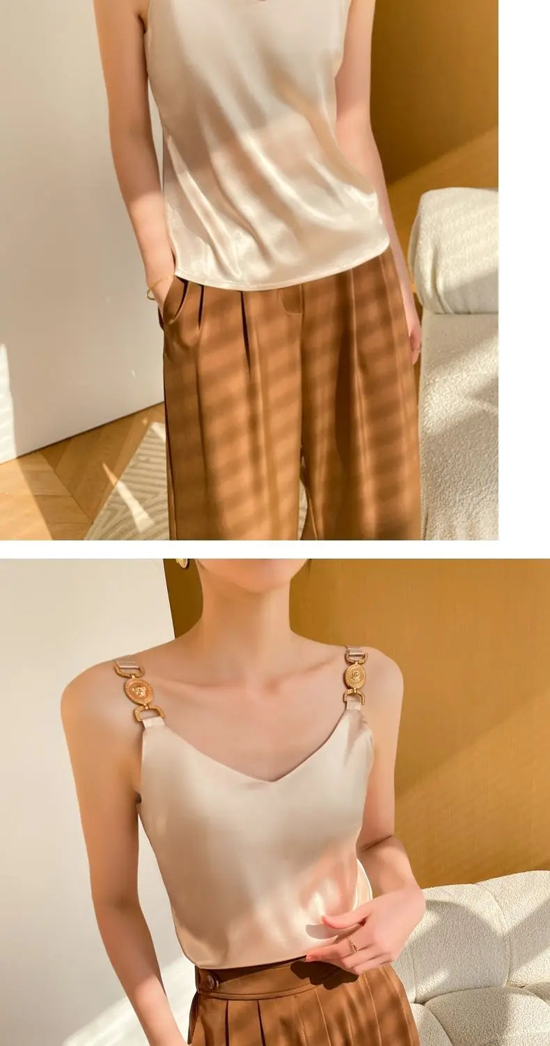 Cami Top V-neck Solid Fashion Sleeveless Top Women Temperament Elegant Office Lady Backless Top Silk Spaghetti Camis Summer 2024