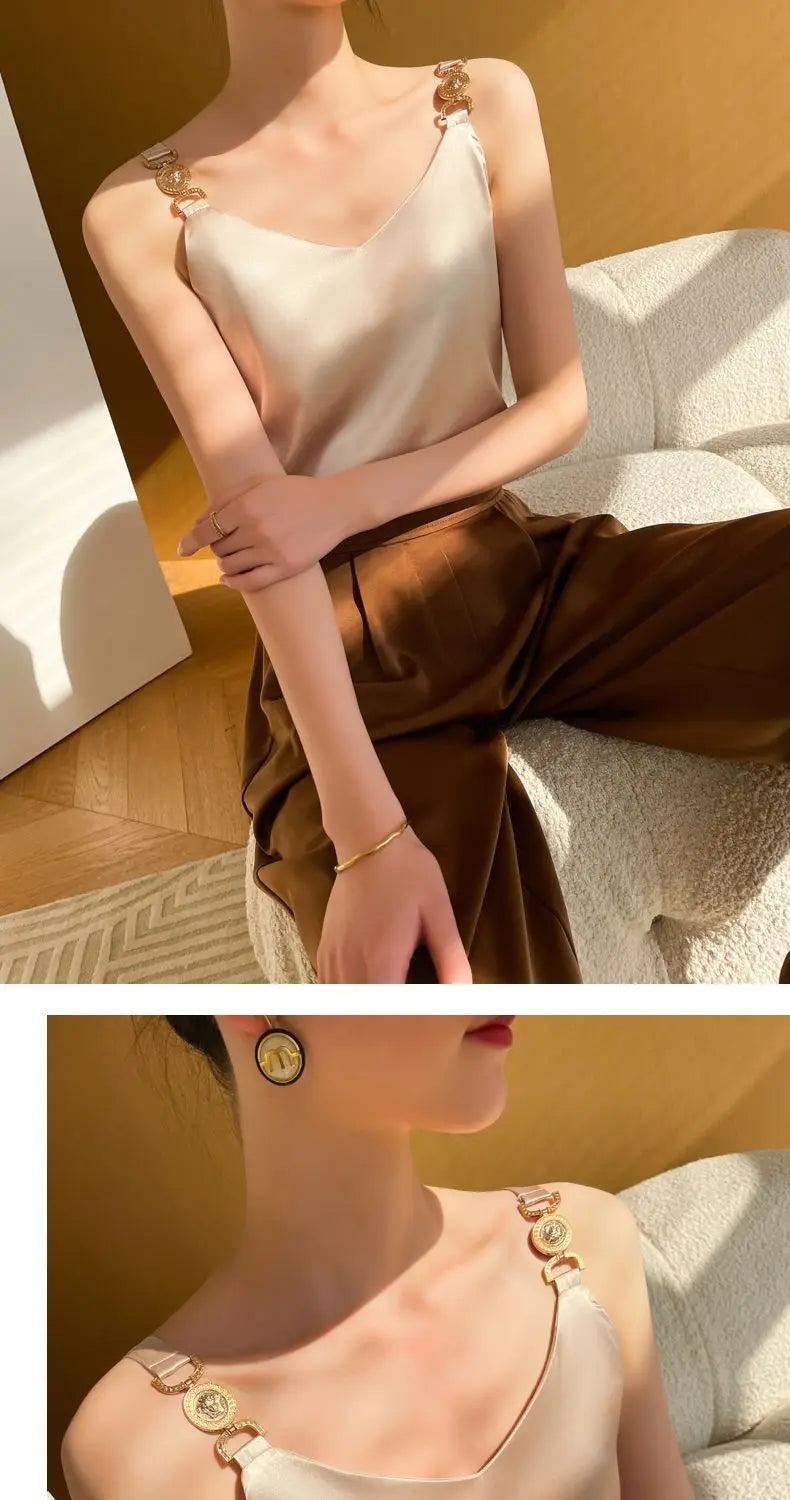 Cami Top V-neck Solid Fashion Sleeveless Top Women Temperament Elegant Office Lady Backless Top Silk Spaghetti Camis Summer 2024