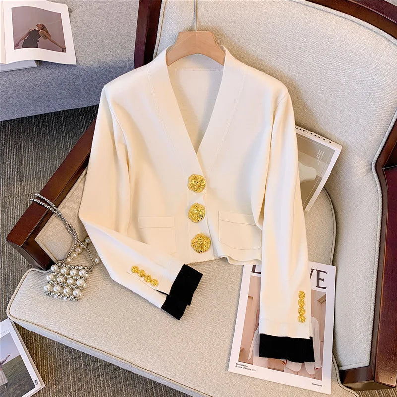 Vintage Elegant V-neck Cardigan Sweater For Women Gold Buttons Long Sleeve Knitwear Tops 2024 Autumn Fashion Chic Ladies Jumpers