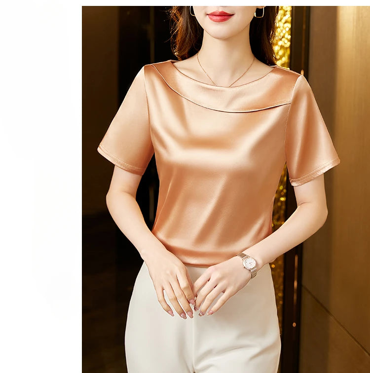 Satin Women Blouse T-shirt Skew Collar Blouses Summer Short Sleeve Womens Tops Solid Elegant Women Clothing OL Shirts for Women