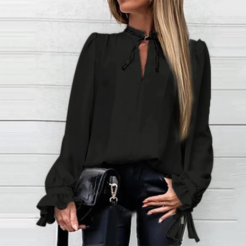 Denim Ruffled Long Sleeve Button Shirt Blouse Summer Sexy V Neck Pleated Chiffon Blouses Spring Elegant Office Lady Tops Blusa