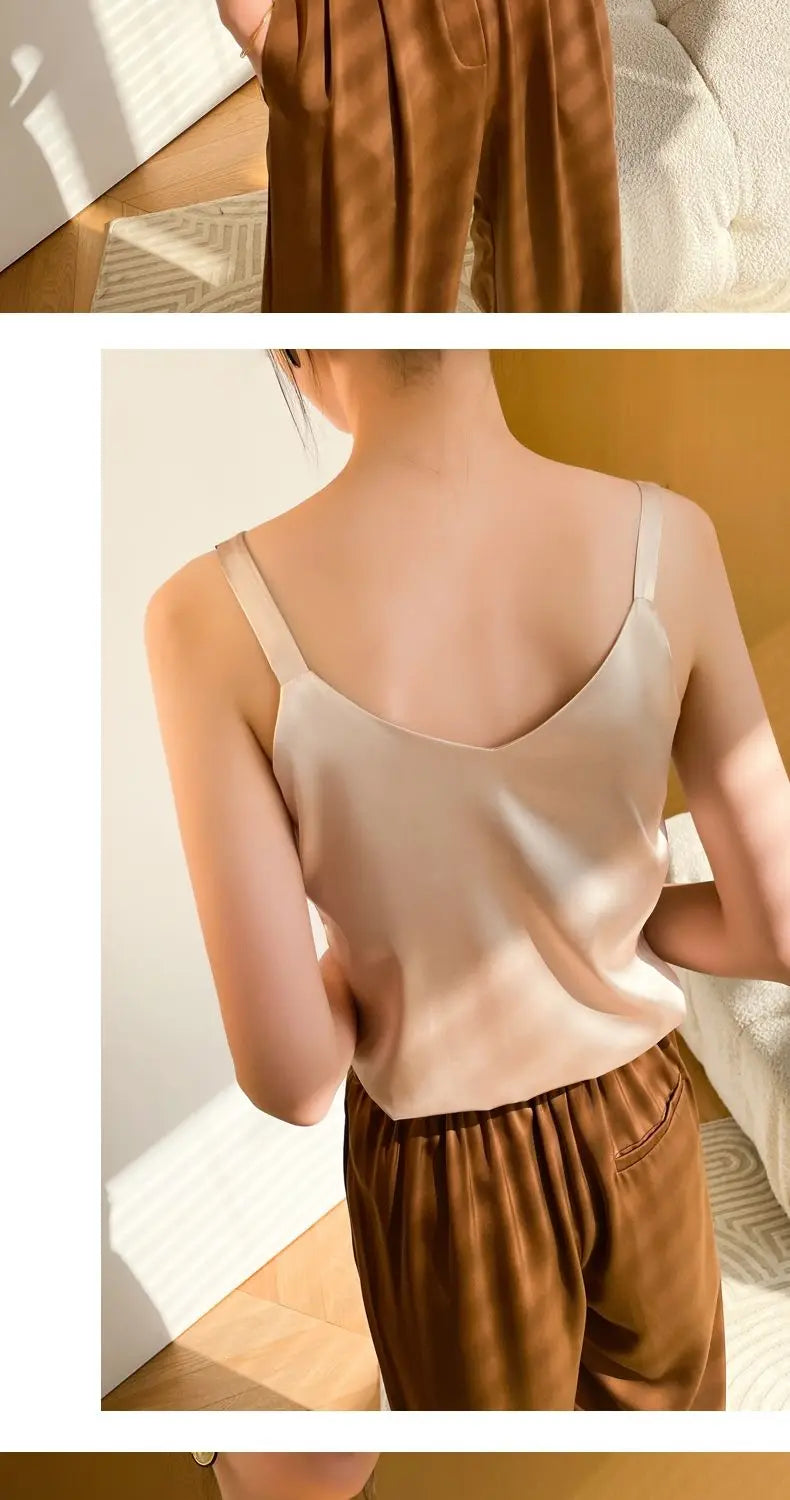 Cami Top V-neck Solid Fashion Sleeveless Top Women Temperament Elegant Office Lady Backless Top Silk Spaghetti Camis Summer 2024