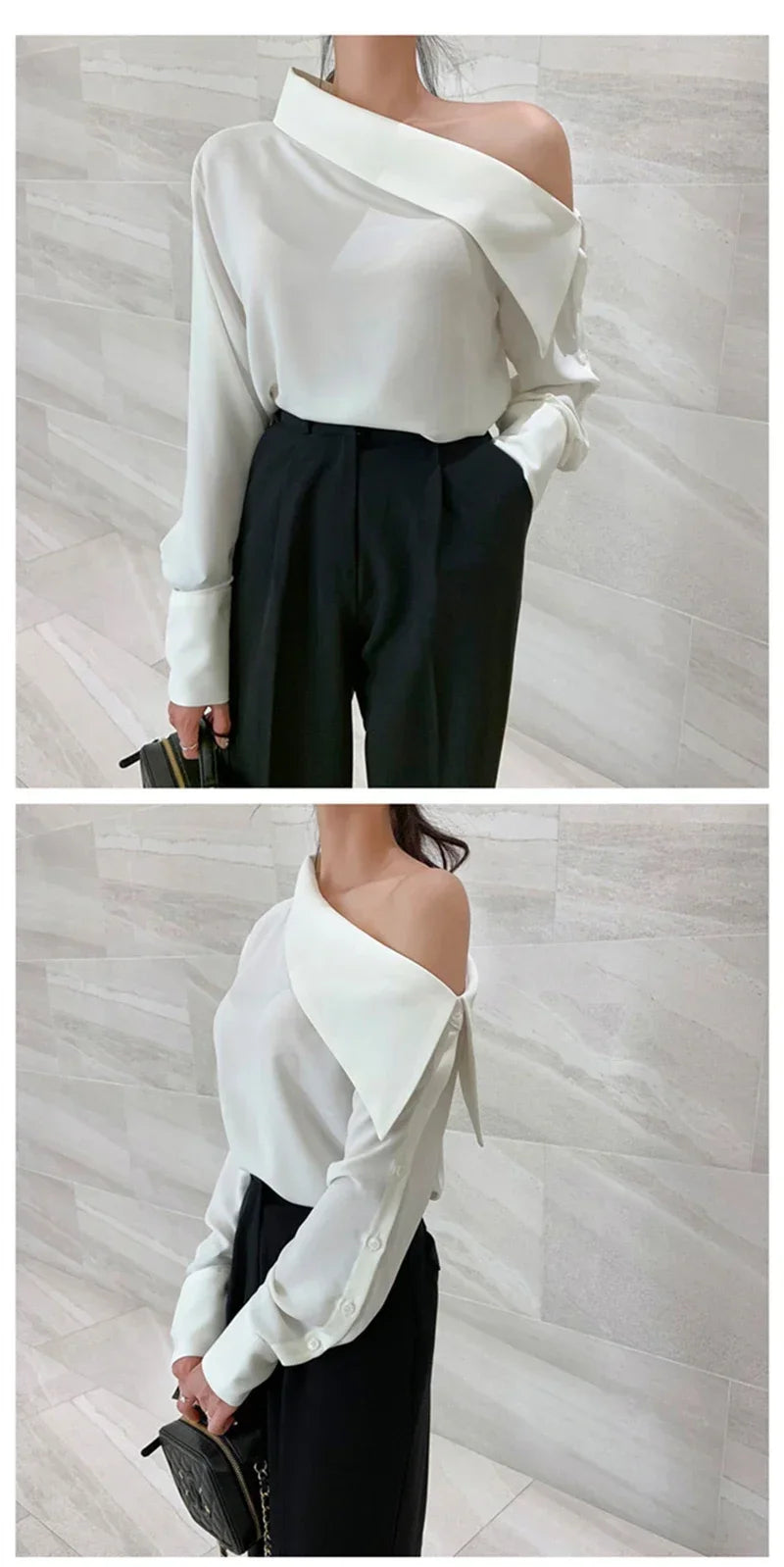 Elegant Women Sexy Korean One Black Top Spring Summer Leisure Versatile Women's Off The Shoulder Long Sleeved White Blouses