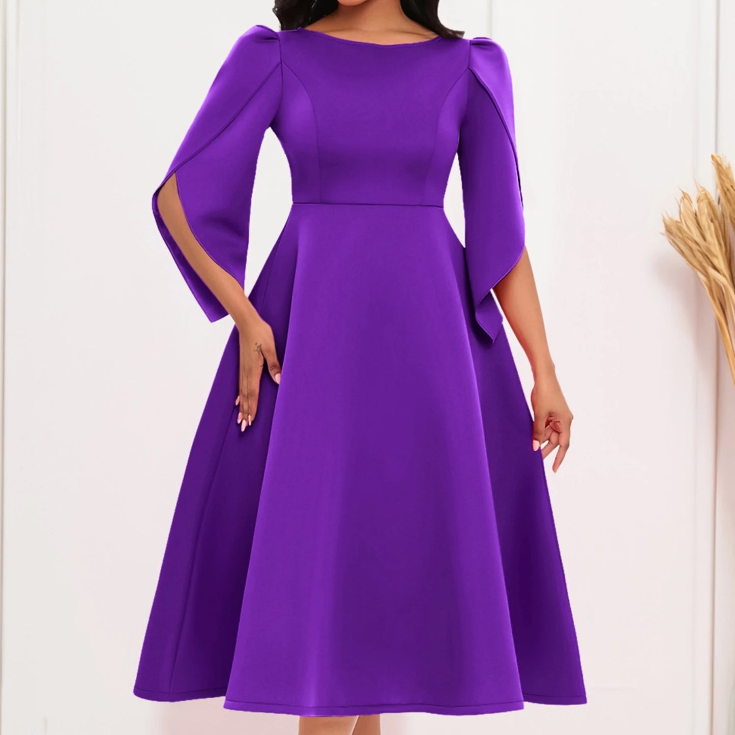 Women's Dress Elegant Party Dresses Summer Solid Color Round Neck Silm Evening Dress Female Large Swing Medium Length Dress