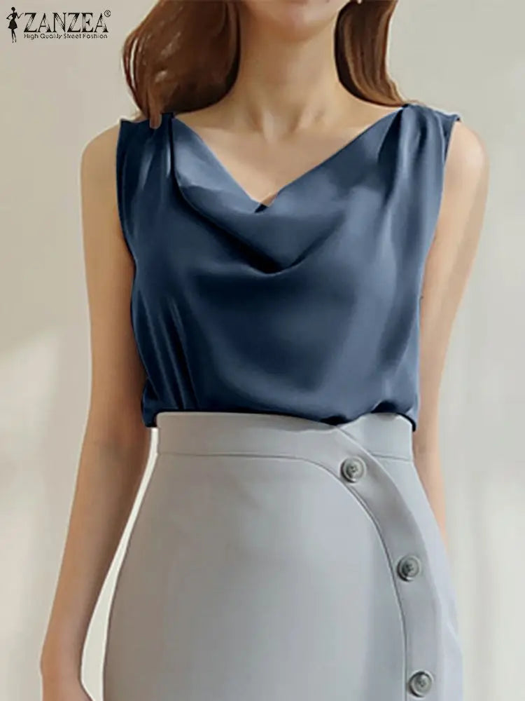 ZANZEA Elegant Korean Style Tanks Women Satin Silk Solid Color Sleeveless Tank Tops Fashion Sexy Office Lady Cowl Neck Camisole