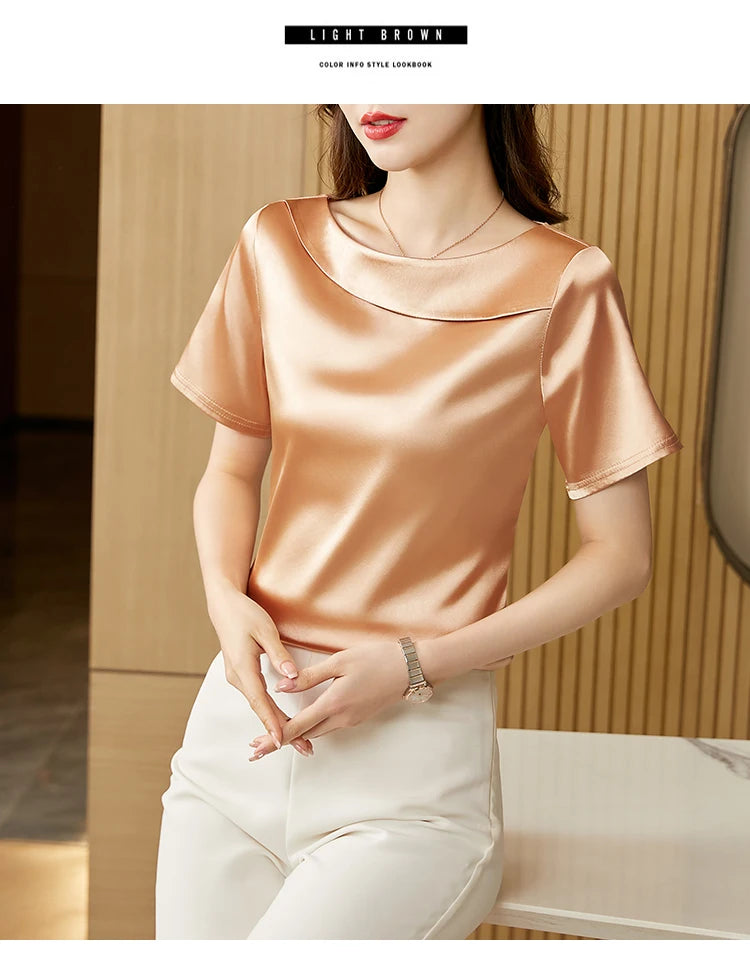 Satin Women Blouse T-shirt Skew Collar Blouses Summer Short Sleeve Womens Tops Solid Elegant Women Clothing OL Shirts for Women