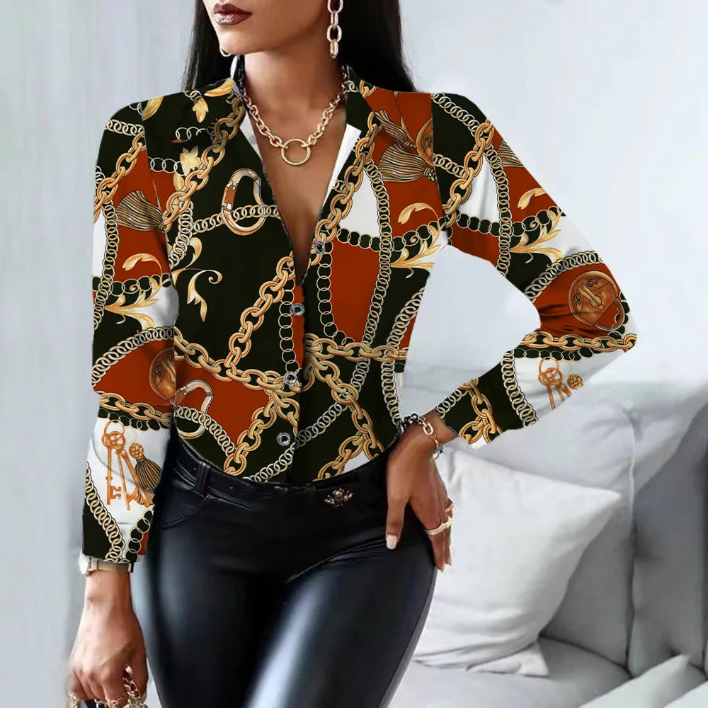 Elegant Office Ladies Turn Down Colar Blouseshirt Women Vintage Popular Printing Slim Shirts Autumn  Fashion Long Sleeve Tops